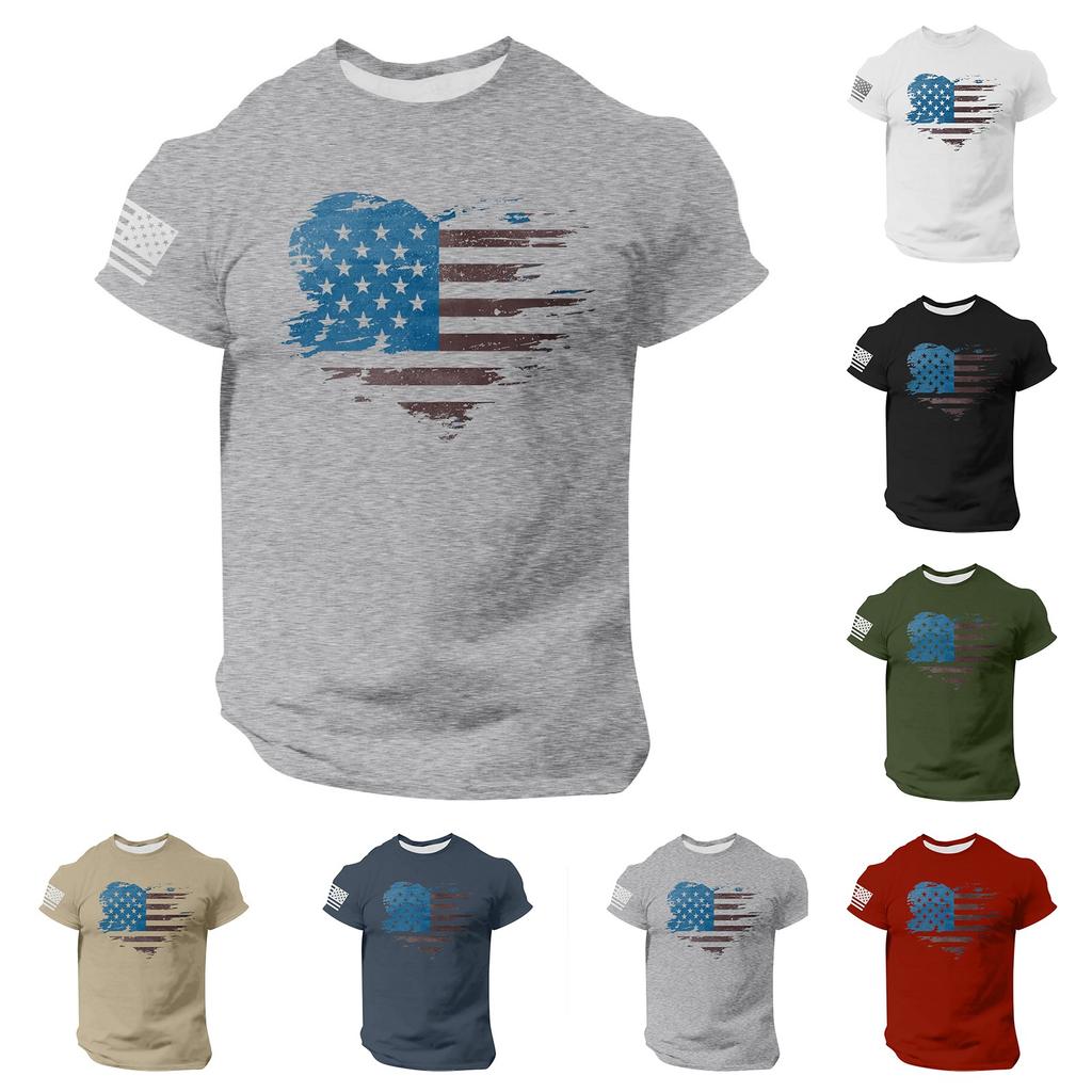 Men's Fashion Casual Short Sleeve Round Neck Independence Day Flag T-Shirt Top