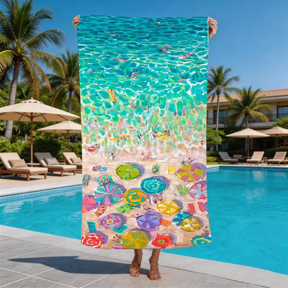 Impressionist Colorful Beach Umbrella Ocean Painting Beach Towel Quick Dry Large Towel For Vacation Swimming Seaside