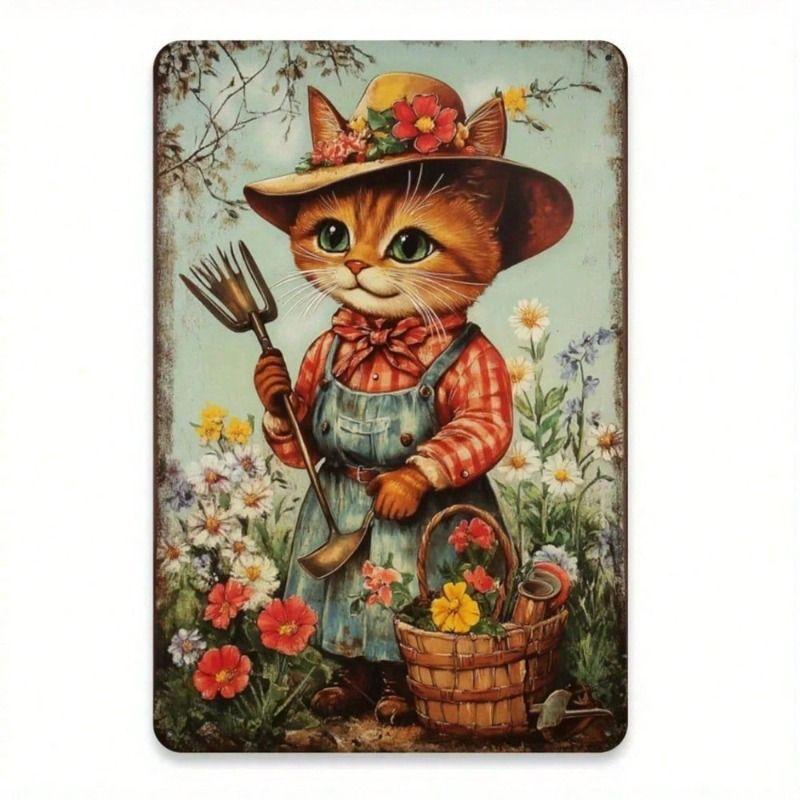 Cottage Style Metal Wall Art Cat with Flower Basket Home Decor