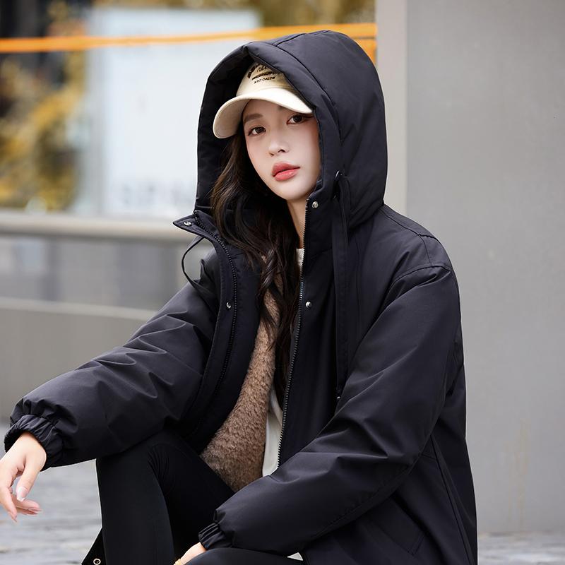 סתיו חורף מעיל פארקה חם מעובה נשים קז'ואל מתוק צבע אחיד כיס גדול מעיל רופף עם קפוצ'ון ז'קטים הלבשה עליונה