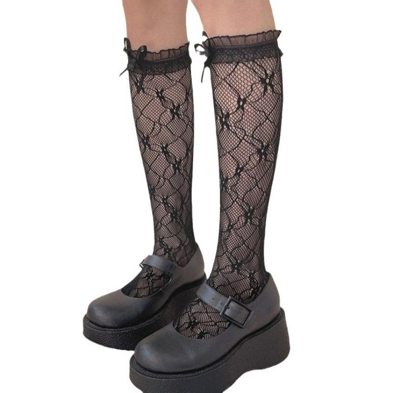 1 Pair Kawaii Bow Lace Mid Calf Girl Sock JK Schoolgirl Mary Jane Cut-out Socks Summer Jacquard Bow Floral Thin Tweed Stockings