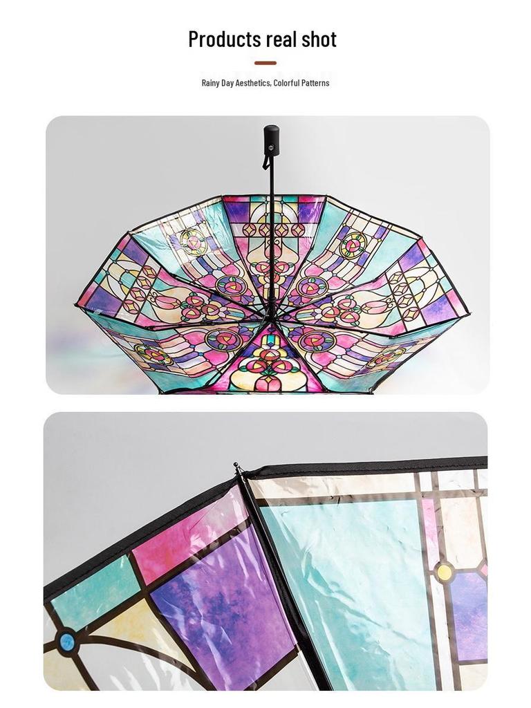Colorful Transparent Automatic Folding Umbrella with Eight Ribs - High-End Feel and Portable Design