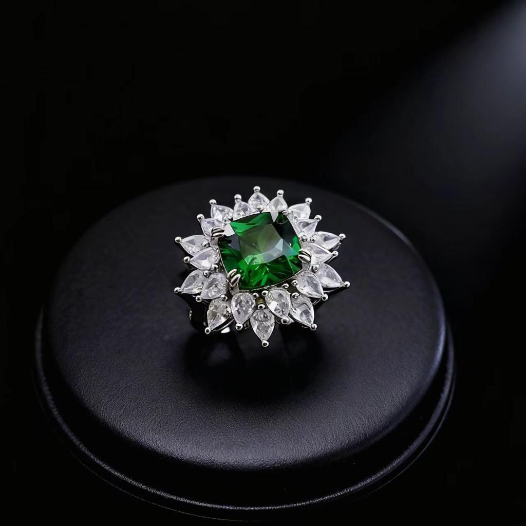 Jewelry Imitation Fat Square Emerald Ruby Ring Female Heavy Industry Luxury Set High Carbon Diamond Flower Ring