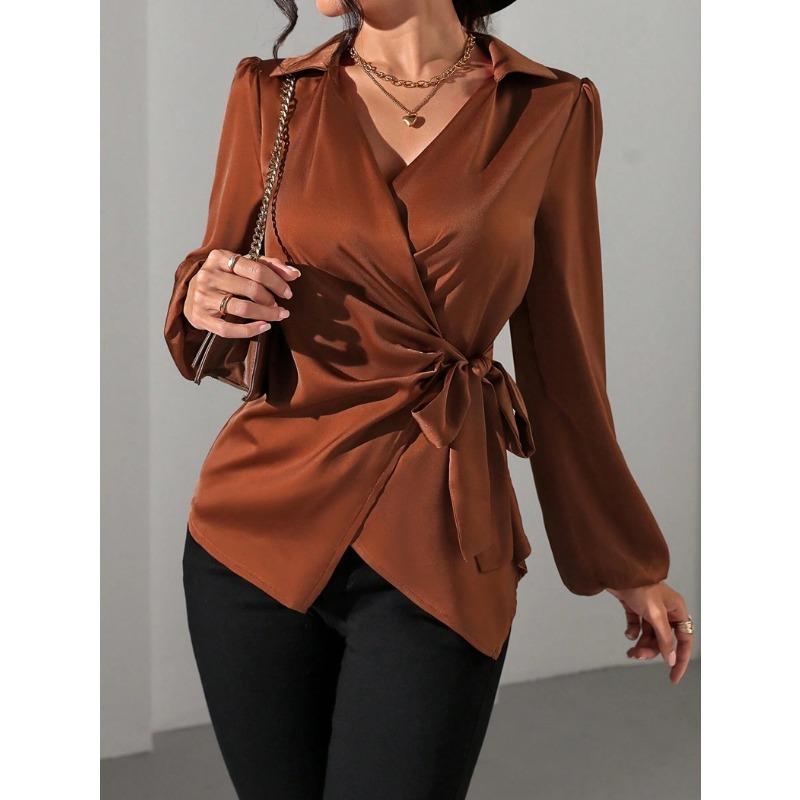 Spring and Winter Lace Up Waist Cinching Shirt New Long Sleeved Women Blouse Shirt with Tie Up Waist Fashion Tops Casual V Neck Clothing