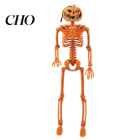 Scary Doorway Hanger 40cm Pumpkin Head Skeleton for Halloween Decoration, Movable Joint Indoor Hanging Ghost Skull Figurine with Lanyard, Spooky Party