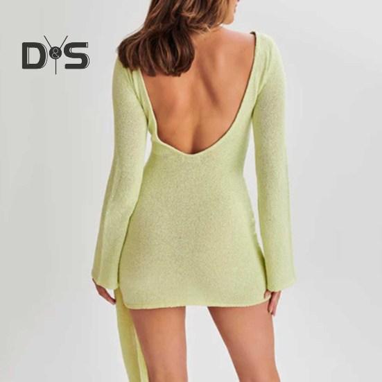 Rochie Mini Bodycon Sexy pentru Femei Mânecă Lungă Decolteu Crew Gât Rochie Slim Fără Spate Rochie Formală de Seară Rochie de Petrecere Club