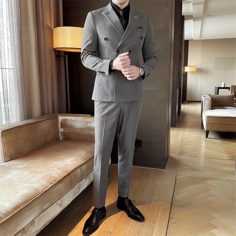 Men's Striped Double-Breasted Slim-Fit Business Casual Suit
