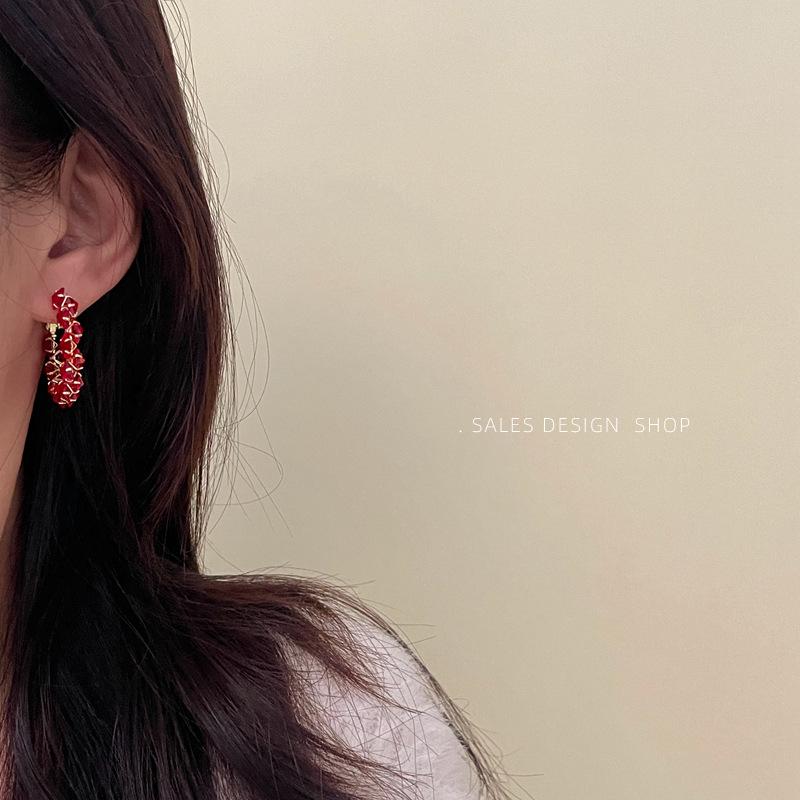 Korean Style Red Zirconia Hoop Earrings - Sparkly, Luxurious, Fashionable, and Versatile Accessories for Women