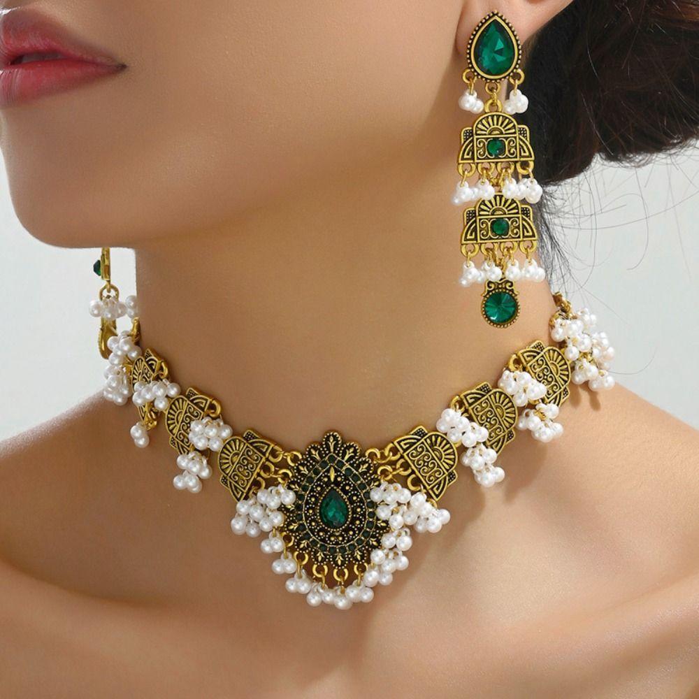 Korean Style Crystal Jewelry Set Turquoise Sparkling Necklace Sweet Rhinestone Tassel Earring  Gift