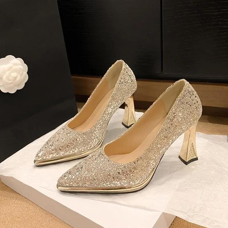 2025 New Hot Selling Women's Shoes Wedding High Heels Office Party Sequined Shiny  Sandals Zapatos