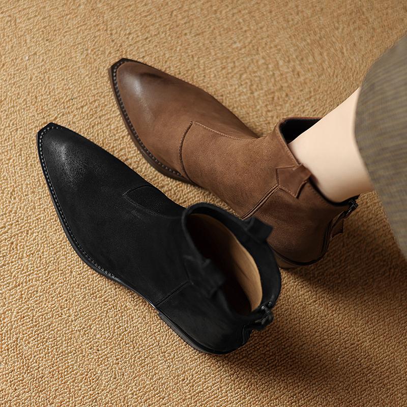 Fashion NEW Autumn Women Boots Pointed Toe Chunky Heel Shoes Genuine Leather Shoes for Women Concise Zipper Ankle Boots Western Boots
