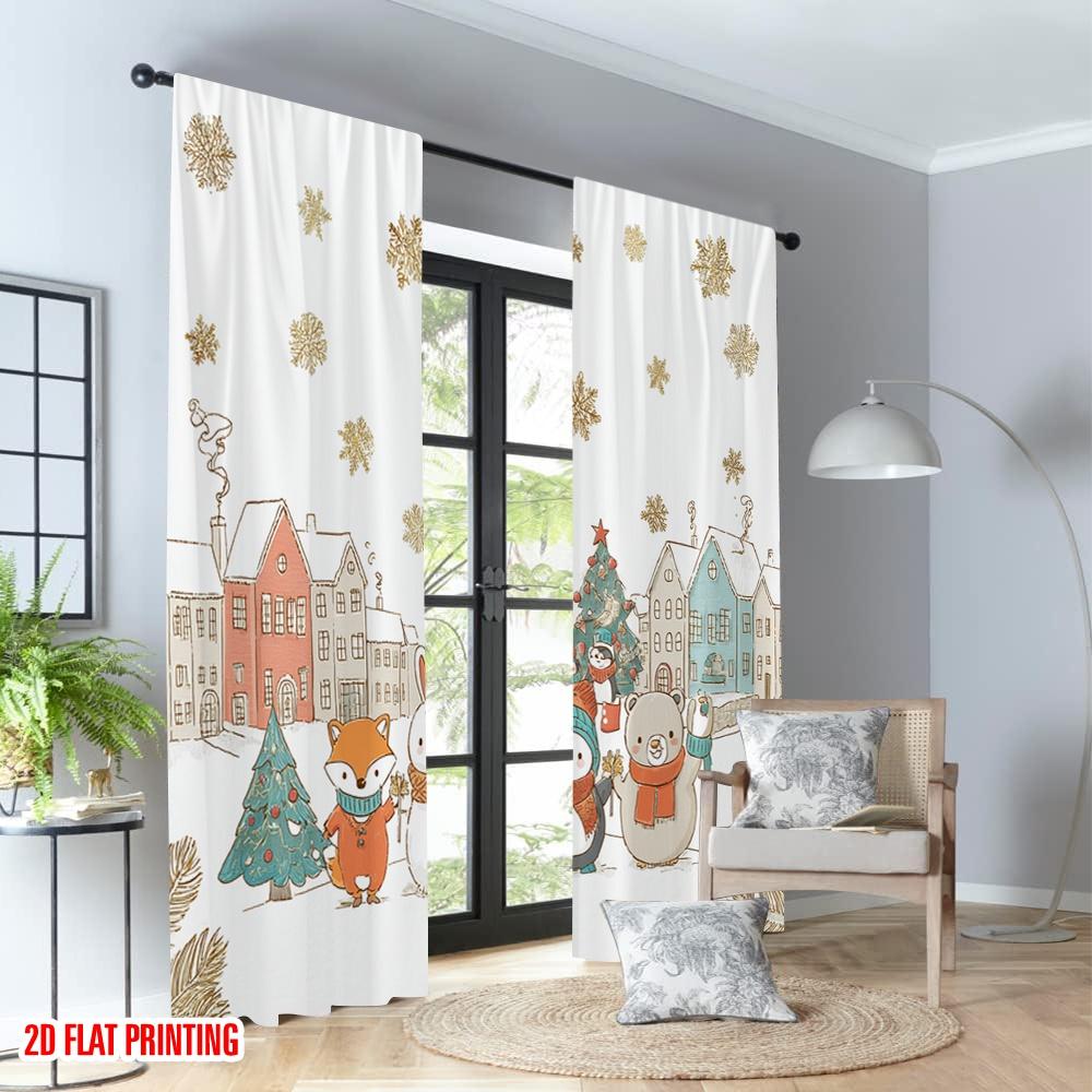 2pcs 2D Flat Printing Merry Christmas Curtains Cute Cartoon Animals Winter Holiday Digital Printed Polyester Drapes Family Party