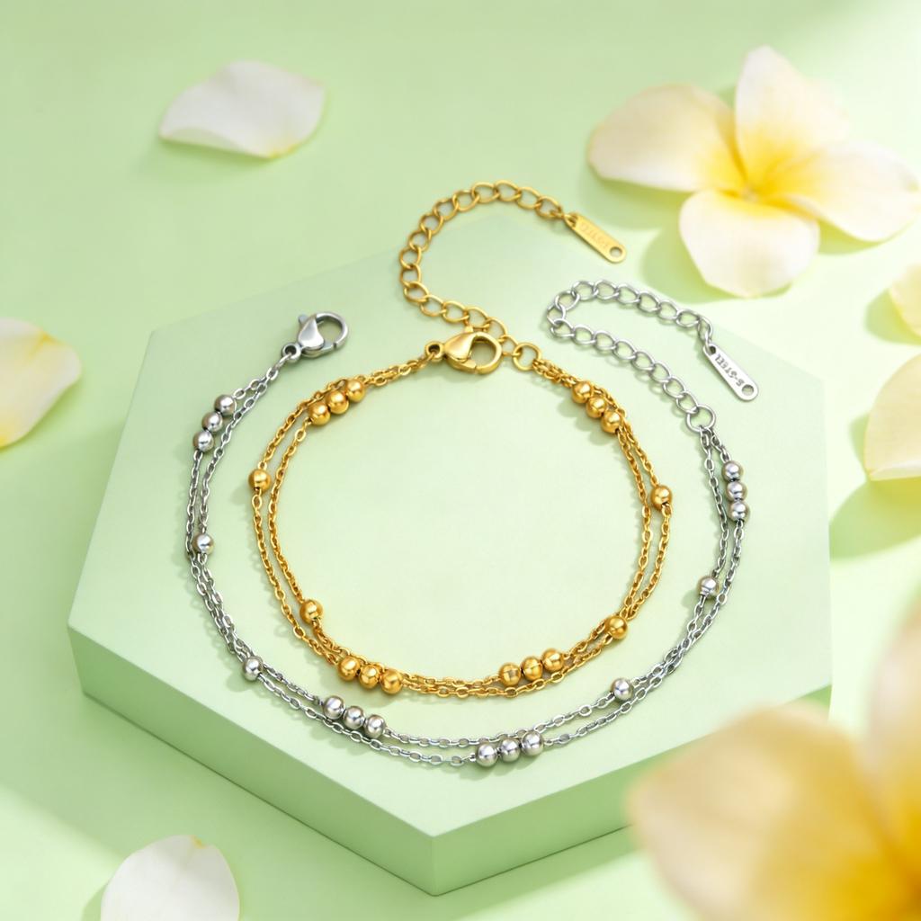 Stainless Steel Double Layer Beads Chain Bracelet for Women Girls Adjustable Round Bead Chain Bracelets Minimalist Jewelry Gift