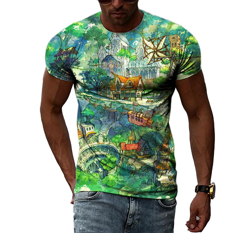 Summer Boys Cartoon Landscape Hand Painted Graphic T Shirts Men Casual 3D Taste Kawaii Printed Round Neck Short Sleeve Tees Tops