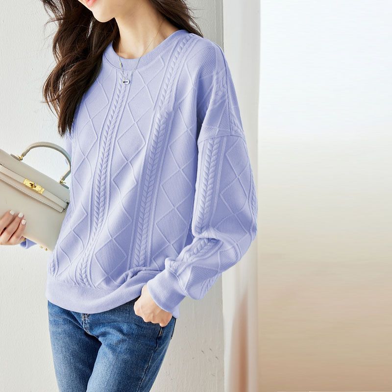 Autumn Winter Round Neck Loose Casual Jacquard Sweatshirt Women Solid Color Simple All-match Pullover Top