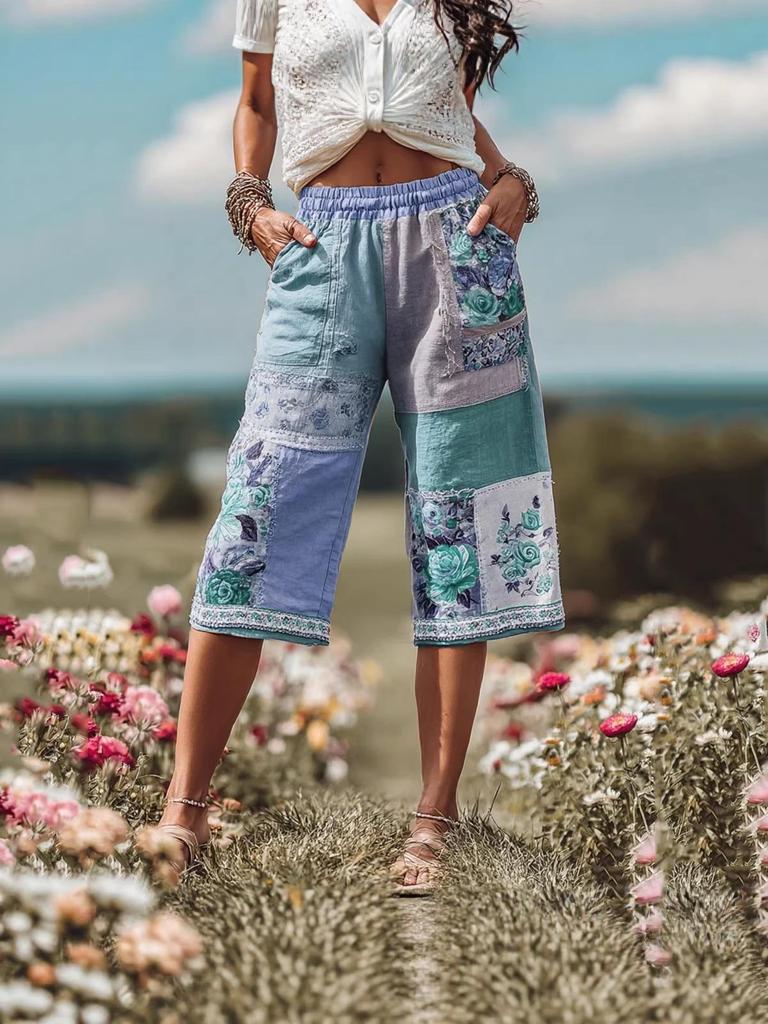 2025 Retro Floral Print Casual Women's 7-Point Pants Shorts