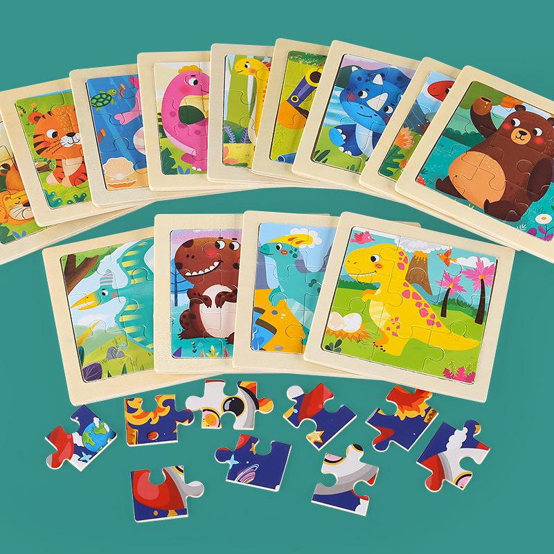 New 9 Piece Montessori Wooden Puzzle Cartoon Dinosaur Transportation Jigsaw 3d Puzzle Early Learning Educational Toys for Kids