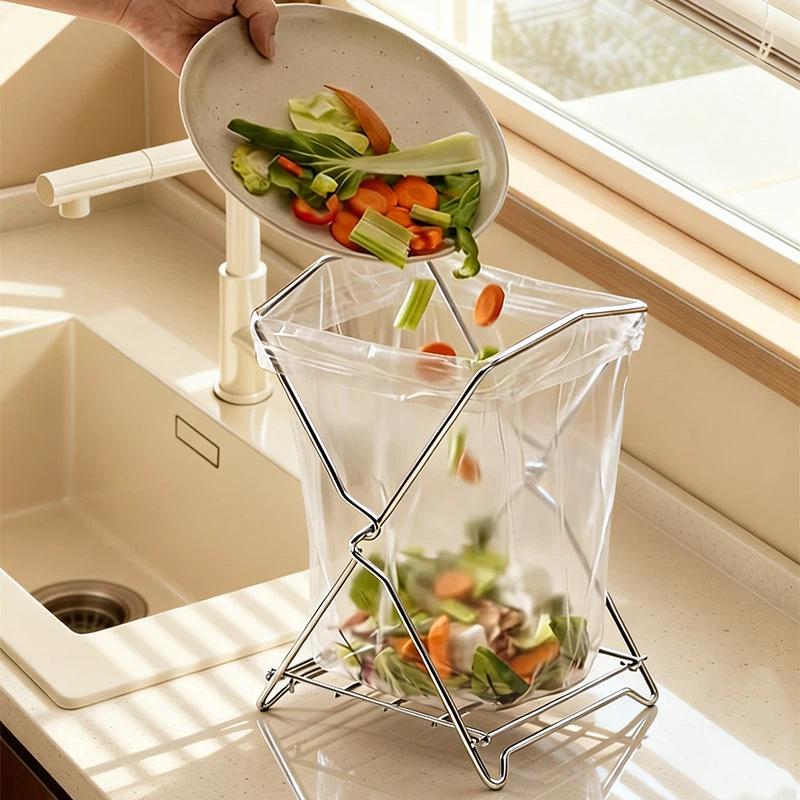 Foldable Stainless Steel Trash Bag Holder Corrosion Resistant Portable Countertop Organizer for Kitchen Camping Fishing Trip Use