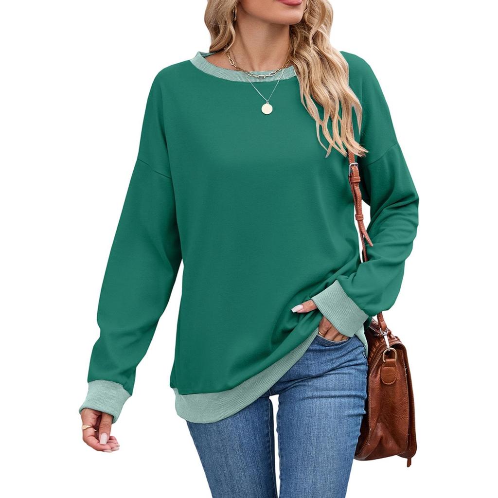 European and American Women's Round Neck Loose Top Long Sleeve Color Matching Ribbed Ladies Sweatshirt