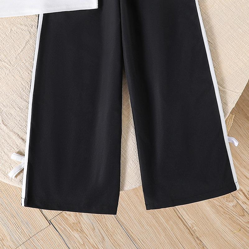 8-12Y Girl's Suit Children's Summer Clothing Bow Tie Vest Top + Casual Striped Trousers Children's Short-sleeved