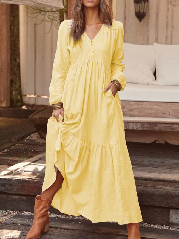 2026 Spring and Autumn European and American Foreign Trade Women's Clothing Buttons Cotton and Linen Retro Casual Long-sleeved Dress Big Pendulum Long