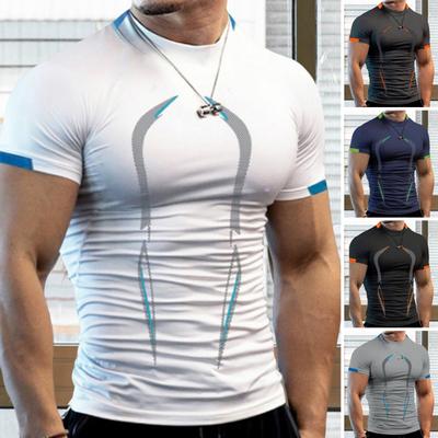 Halbhoher Kragen Kurzarm Druck Nähte Herren T-Shirt Sommer Laufen Kompressions-T-Shirt Streetwear