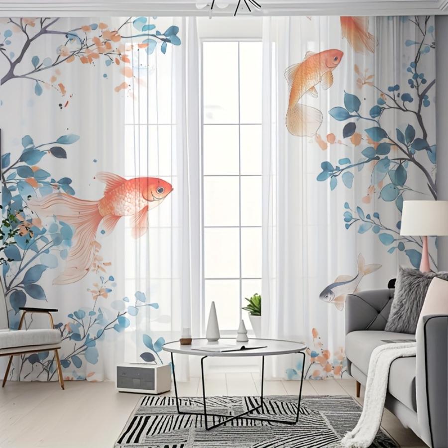 2PCS Digital Printed Sheer Curtain, Green Branch Koi Fish, Oriental Watercolor Zen Garden for Living Room Bedroom Home Decor