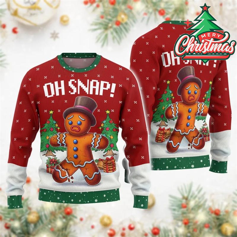 Oh Snap Funny Gingerbread Christmas Ugly Sweater Men Clothes Cute Neon Print Loose Sport Sweater Festival Unique Gift Sweatshirt