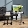 Set Of 2 Round Nesting Coffee Tables Stackable Marble Look Wood Top And Black Metal Legs