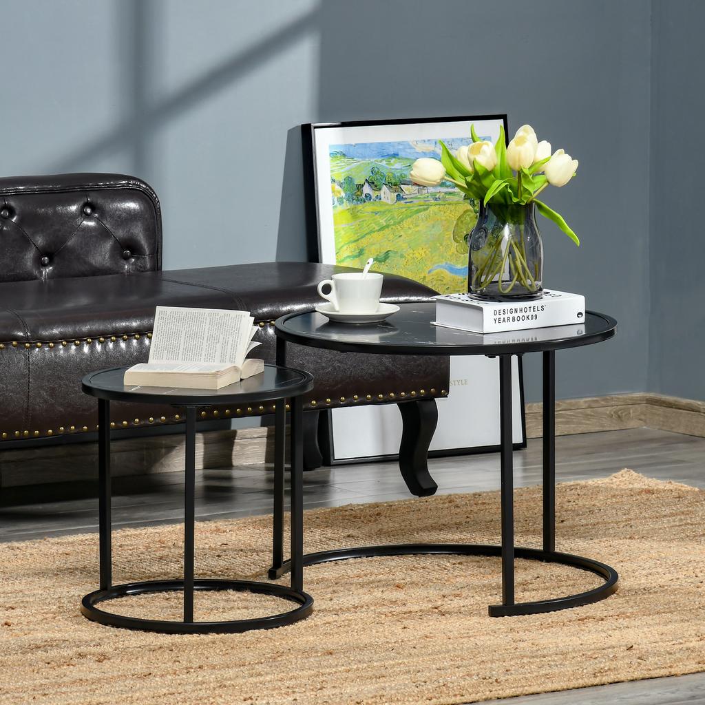 Set Of 2 Round Nesting Coffee Tables Stackable Marble Look Wood Top And Black Metal Legs