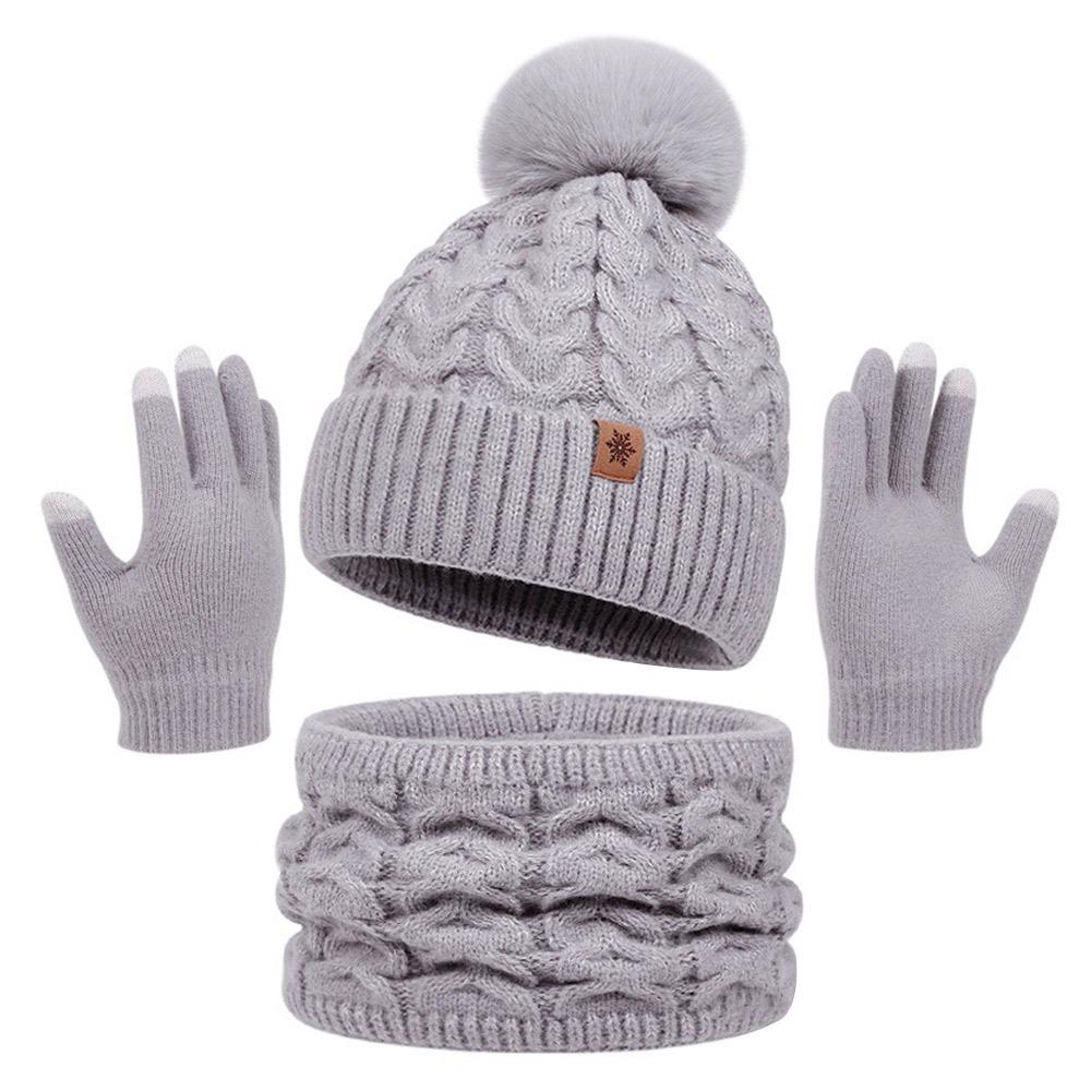 3Pcs/Set Fashion Warm Winter Hat Scarf Gloves Touchscreen Scarf Gloves Set Windproof Soft Scarf Cap Men Women серый
