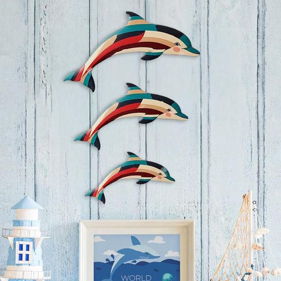 3Pcs/Set Wooden Geometric Dolphin Wall Decoration Coastal Nautical Home Office Living Room Wall Hanging Ornament Rustic Sea Animal Wall Art