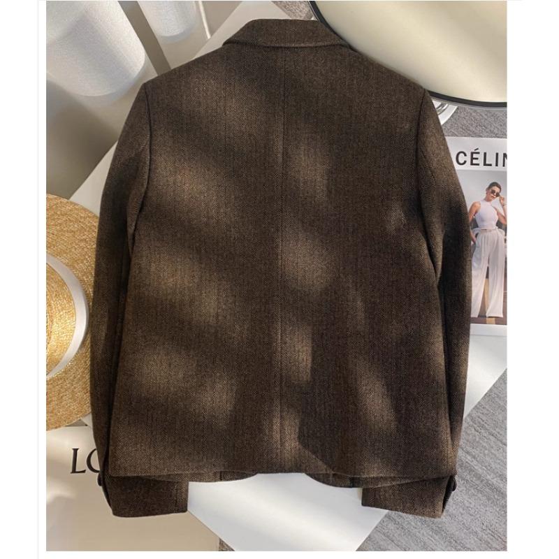 Casual Coffee Woolen Plaid Suit Coat with Retro Design for Women