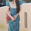 French High-end Blue Floral Dress Women's Summer New Small Unique and Beautiful Long Dress