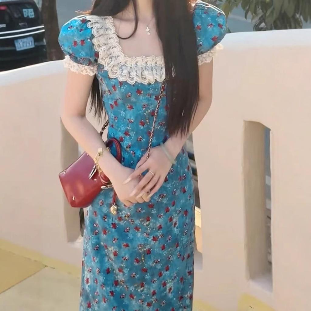 French High-end Blue Floral Dress Women's Summer New Small Unique and Beautiful Long Dress