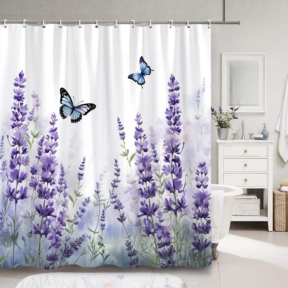 Purple Lavender Shower Curtain Fluttering Butterfly Botanical Flower Watercolour Art Painting Shower Curtain Bathroom Decoration