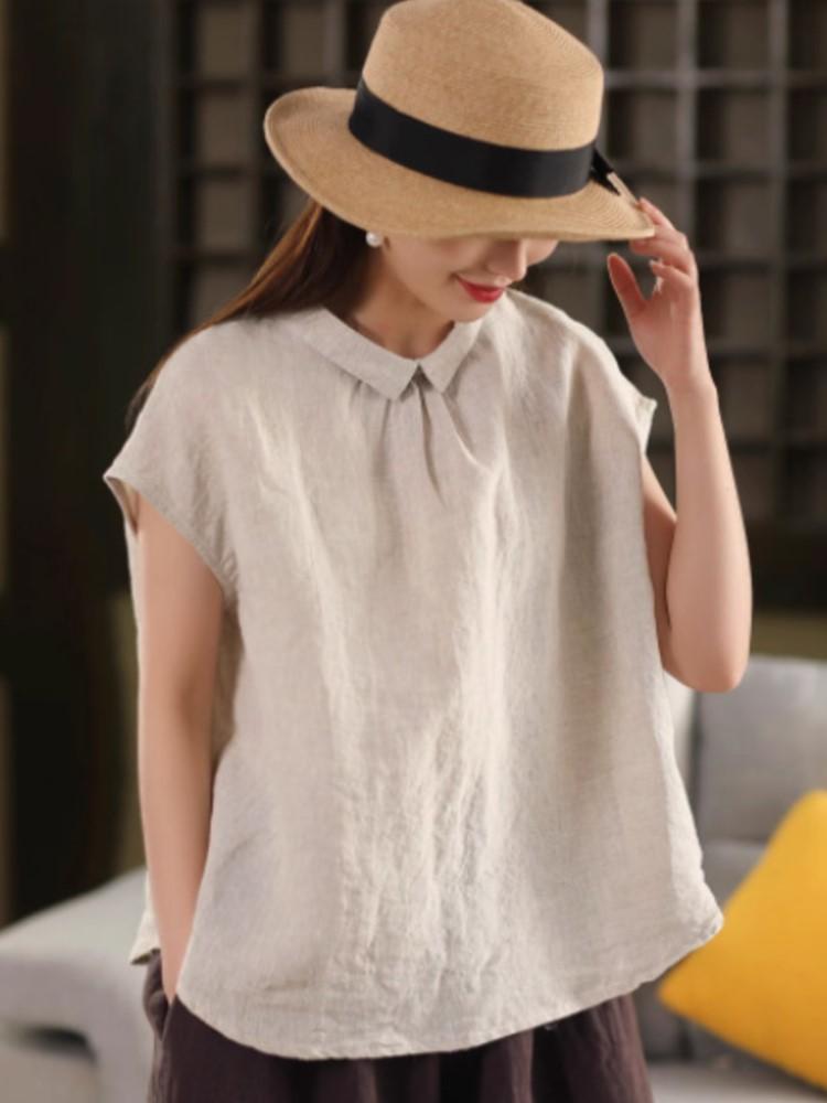 Johnature Women Vintage Summer  Shirts Solid Color Turn-down Collar Sleeveless Tops Casual Female Shirts