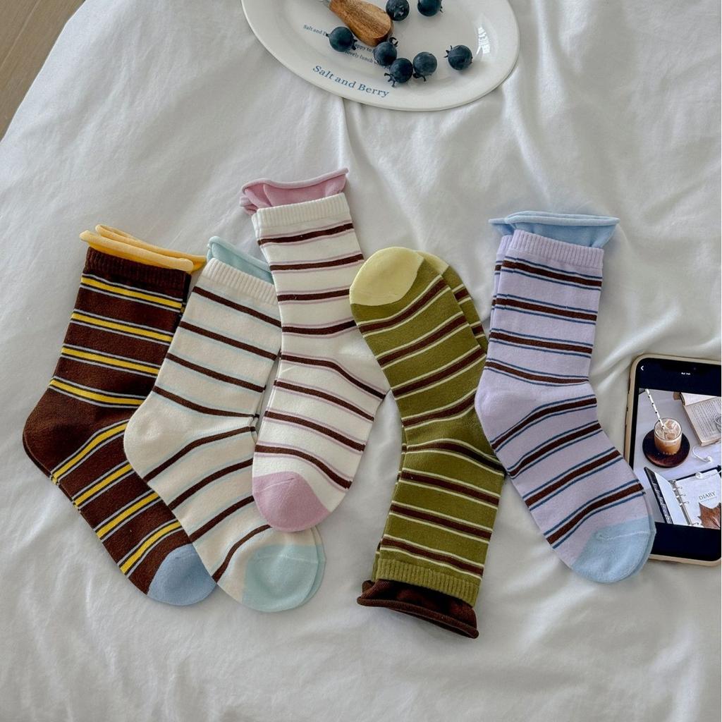 Splicing Striped Socks Children'S Medium Tube Socks Spring And Autumn Tide Contrasting Color Niche Stacking Stockings