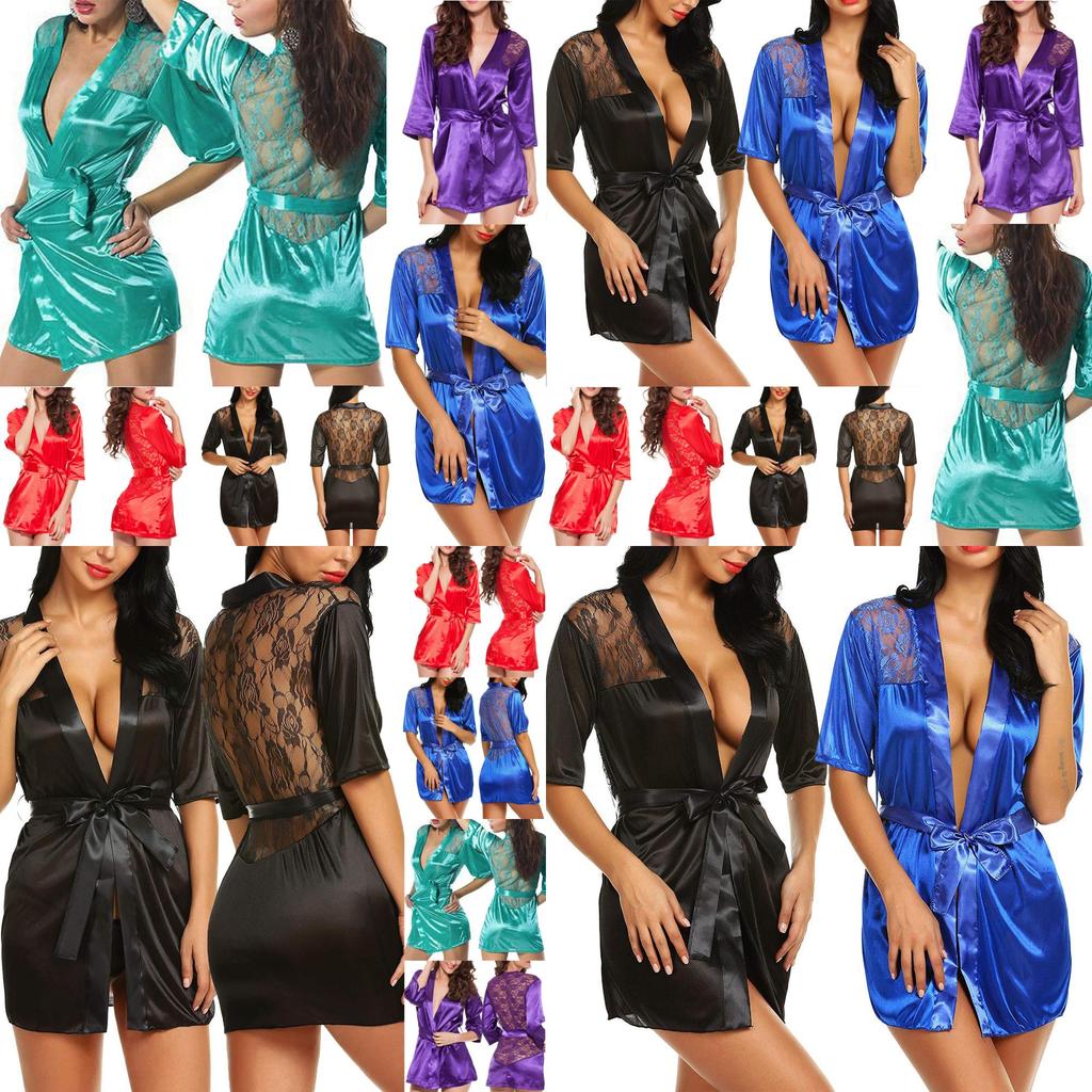 Elegant Women Lingerie Robe In Luxurious Satin Silk With Lace Trim Design