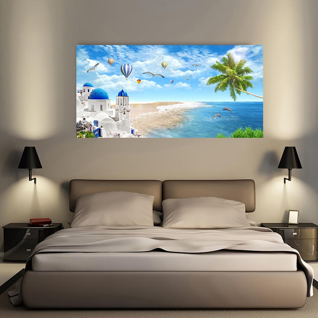 Nordische Blaue Meereslandschaft Santorini Leinwandbild Wandkunst Landschaft aus Blauem Meer und Himmel Poster und Drucke für Wohnzimmer Zuhause
