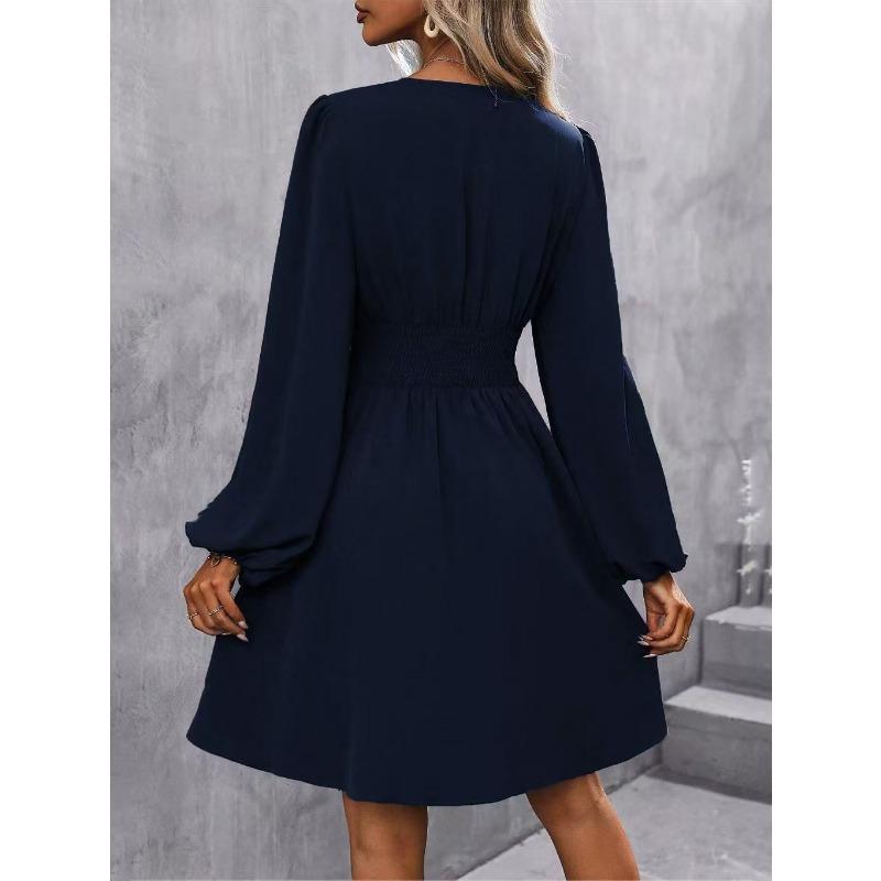 Women S V Neck Lantern Sleeve Solid Color High Waist Dress
