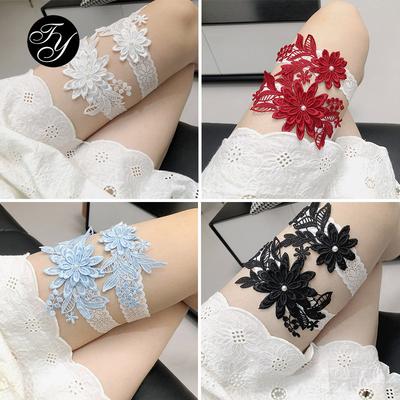 2 pièces Ceinture porte-jarretelles en dentelle pour femme Sexy Cosplay Bandes de cuisse Fête Mariage Appliquer Jarretelle de jambe de mariée Broderie multicolore avec perle
