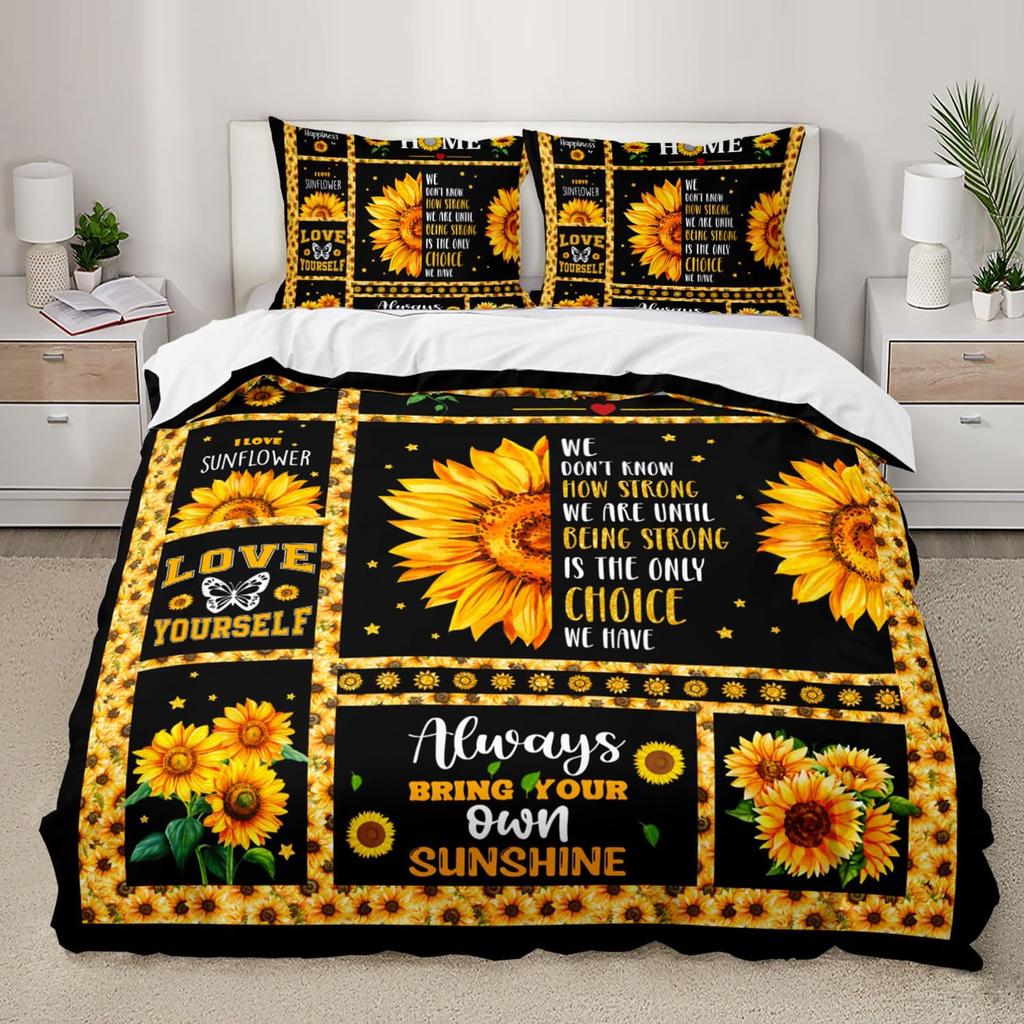 Sunflower Duvet Cover Set Queen Size Butterfly Comforter Set Retro Yellow Flower Quilt Cover 3 Piece Set With 2 Pillowcases