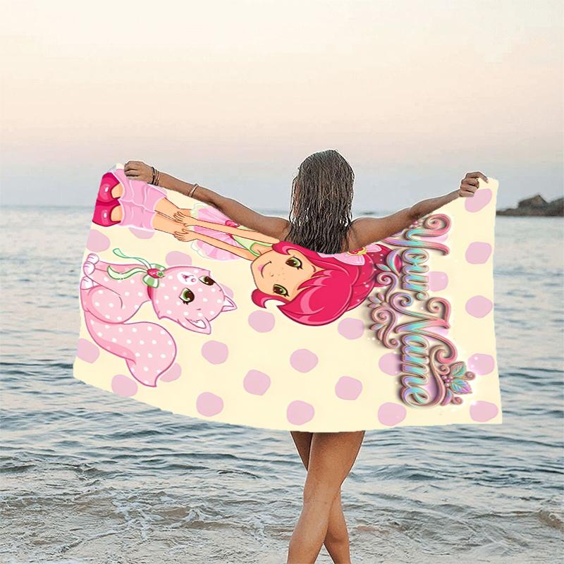 1pc Princess Strawberry Beach Towel with Custom Name, Beach and Seaside Swimming Pool Equipment, Fashion Pattern, Rectangular, Travel Essential