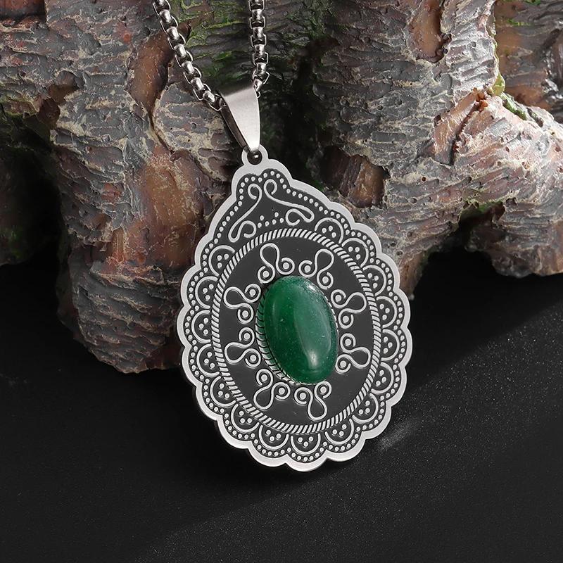 Retro Boho Style Oval Floral Natural Stone Stainless Steel Pendant Necklace Women Fashion Elegant Holiday Jewelry Gift