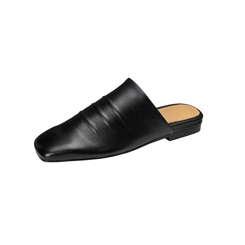 Fashion 2025 New Sandals Women's Genuine Leather Square Toe Slip-on Flats Summer Slippers Soft Comfortable Casual Female Outdoor Mules