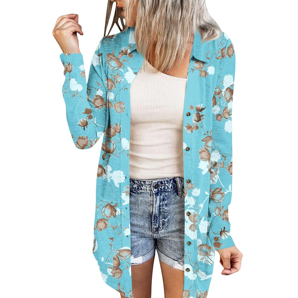 Women's Casual Fashion Floral Print Long Sleeve Mid-Length Cardigan Jacket