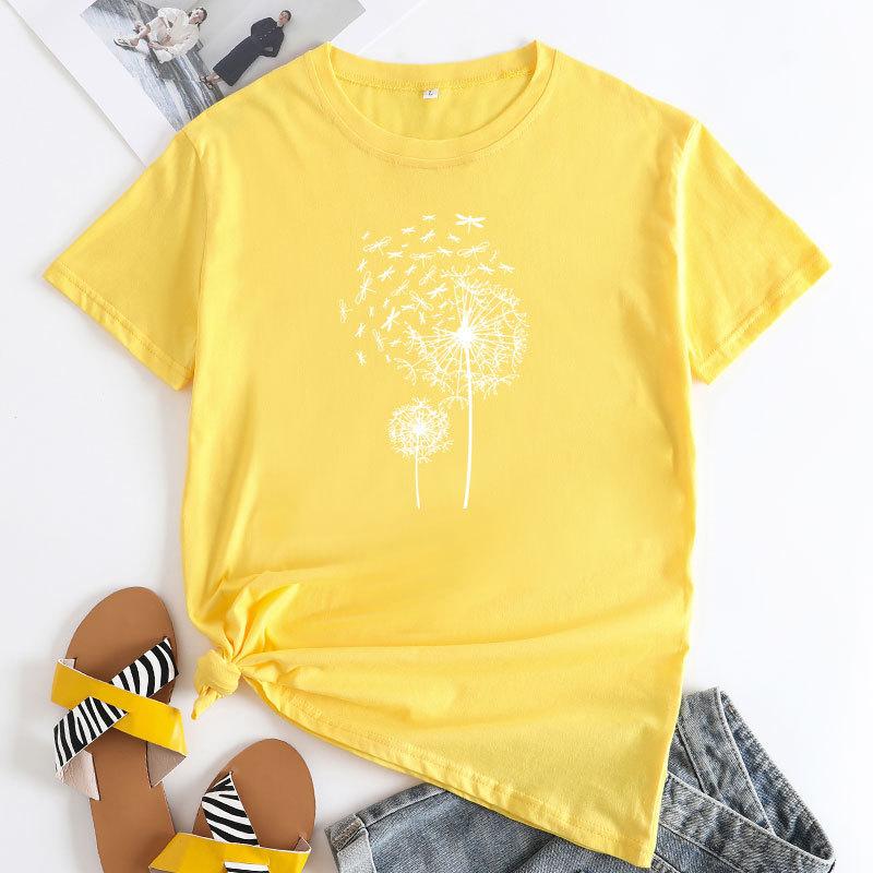 Summer Round Neck Dandelion Dragonfly Pattern Printed Top Fashionable Casual Short Sleeved Women's Pure Cotton T-shirts
