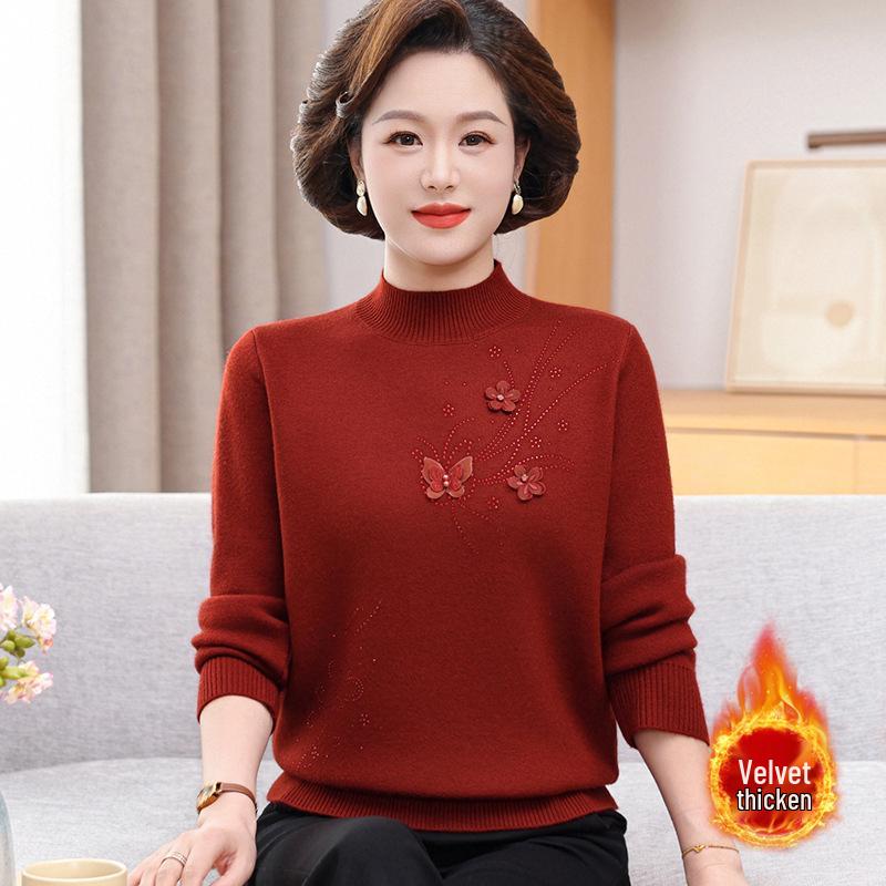 

Mom s Stylish 2025 Knitwear Set: Autumn/Winter Sweater Base Layer for Middle-Aged & Elderly, Plus Velvet Thickness XL (90-105 lbs) красный