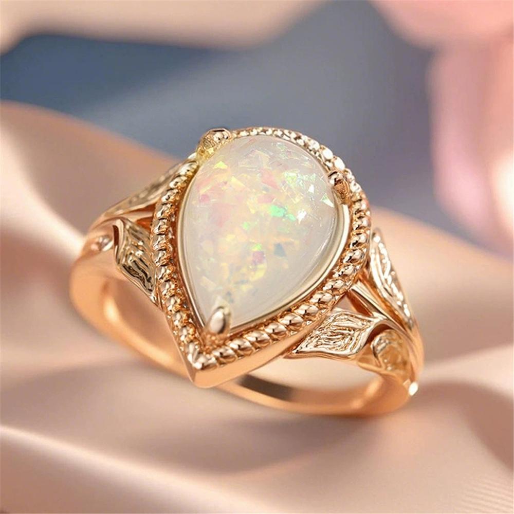 Białe Pierścionki z Kamieniem Opalu Ognistego w Kształcie Kropli Wody Dla Kobiet Kolor Złoty Zaręczynowe Ślubne